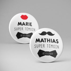 Mariage / Pins Super témoin + prénom / Moustache + Bouche